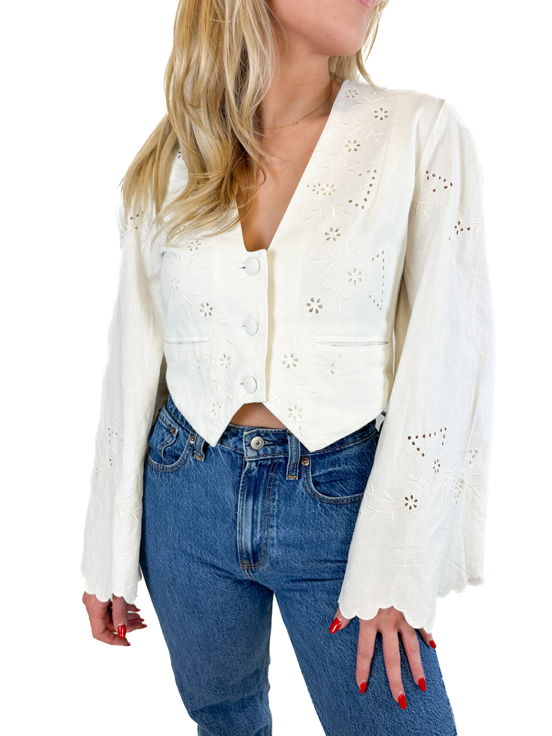 Free People White Embroidered Jacket (XS)