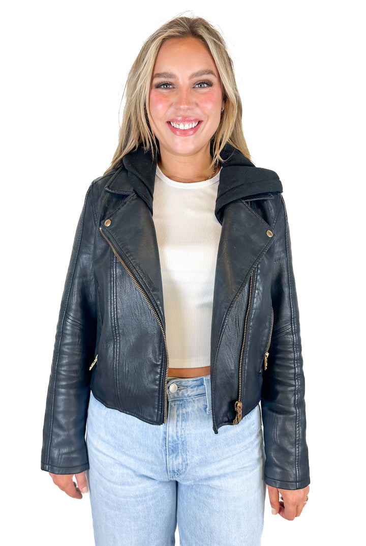 Blank NYC Faux Leather Moto Jacket With Removable Hood (M)