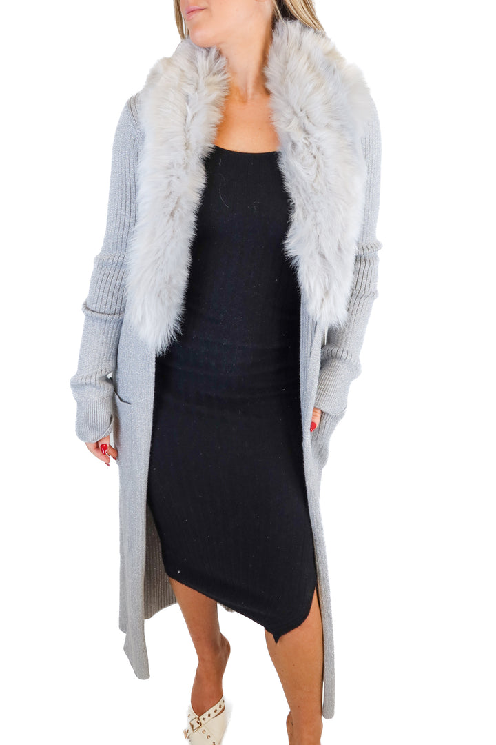 show me your mumu grey metallic fur long cardigan (s; retail $198)