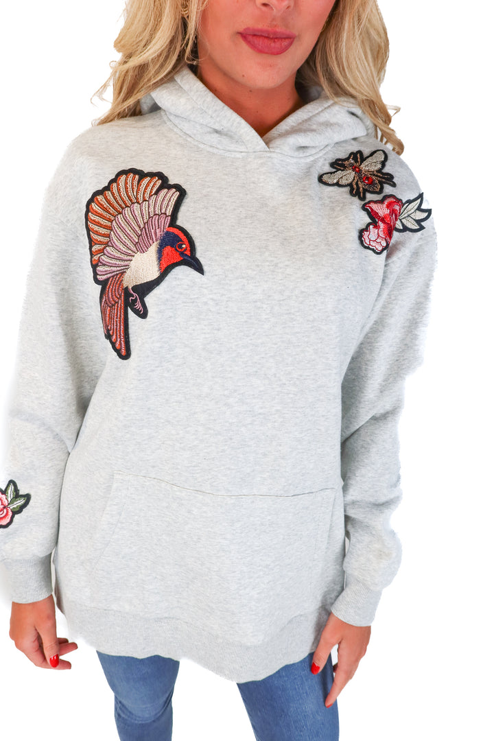H&M Gray Bird and Flower Patch Oversized Hoodie (M)