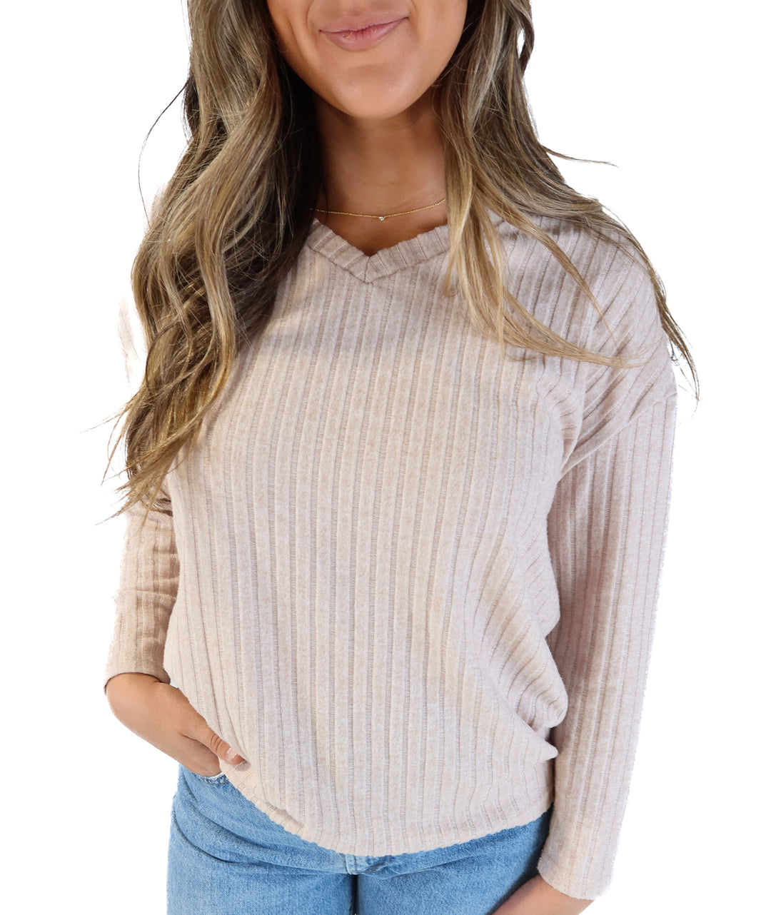 Beige ribbed long sleeve top (m)