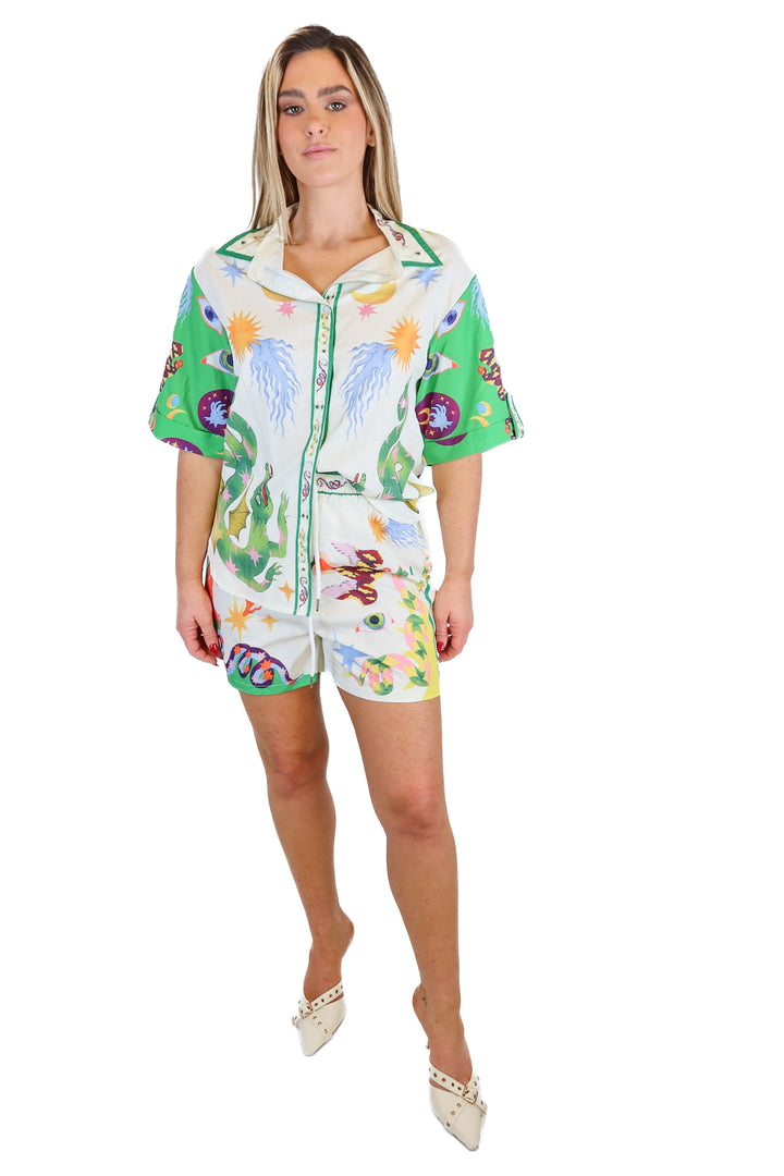 green/cream satin printed set (S)