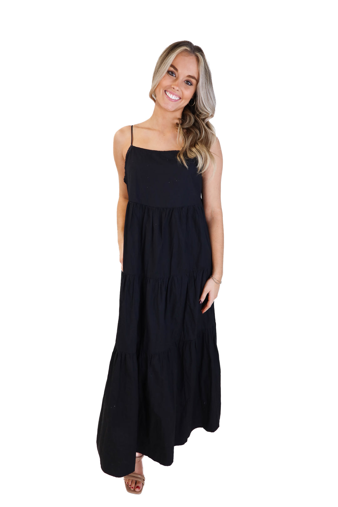 Aura black tiered midi dress (xs/s; retail $78)