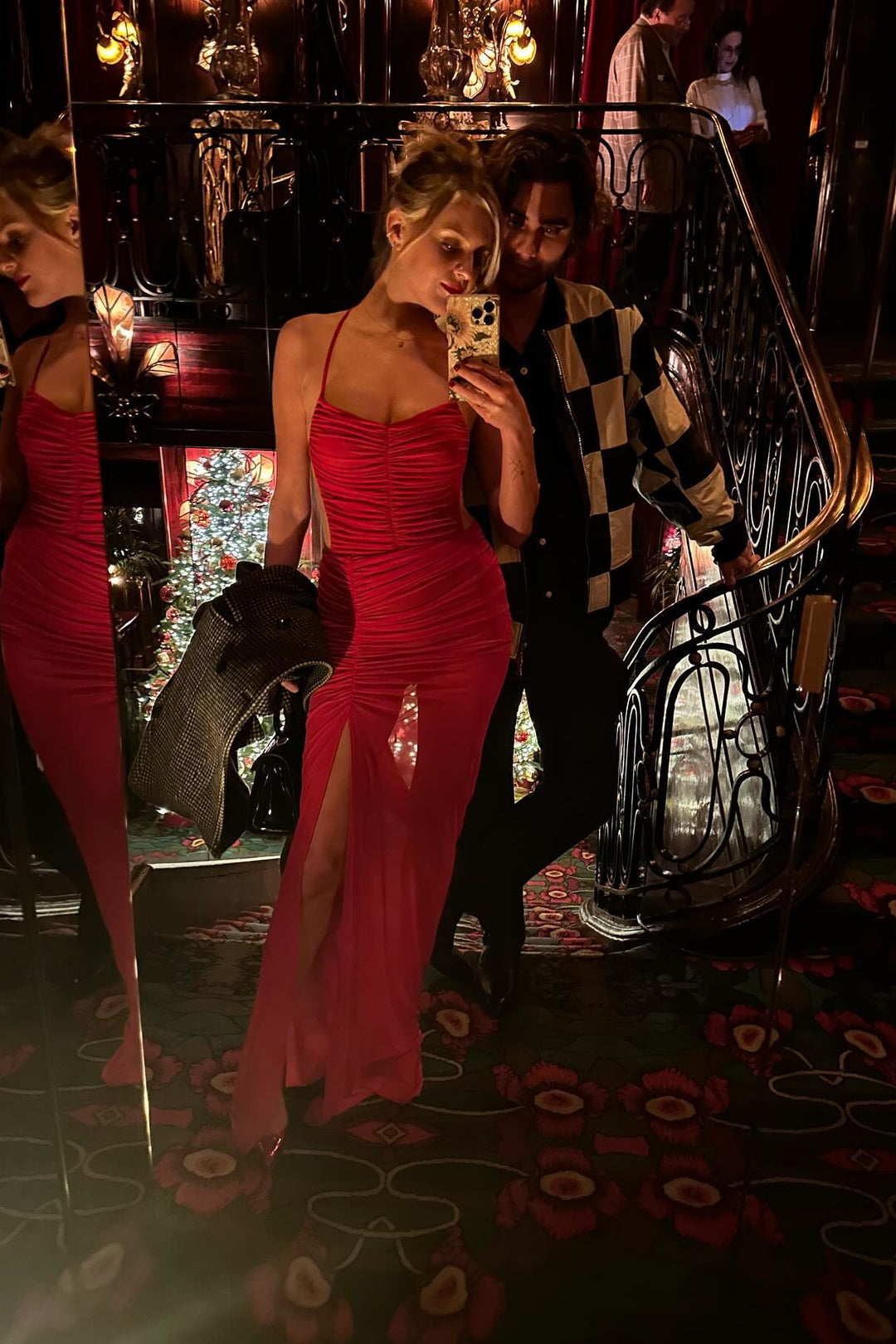 michael costello x revolve red mesh ruched bodycon halter maxi dress (s)