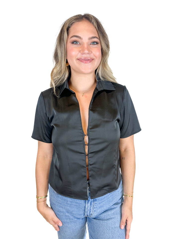 Lulus Black Satin Hook-and-Eye Short Sleeve Top (L)
