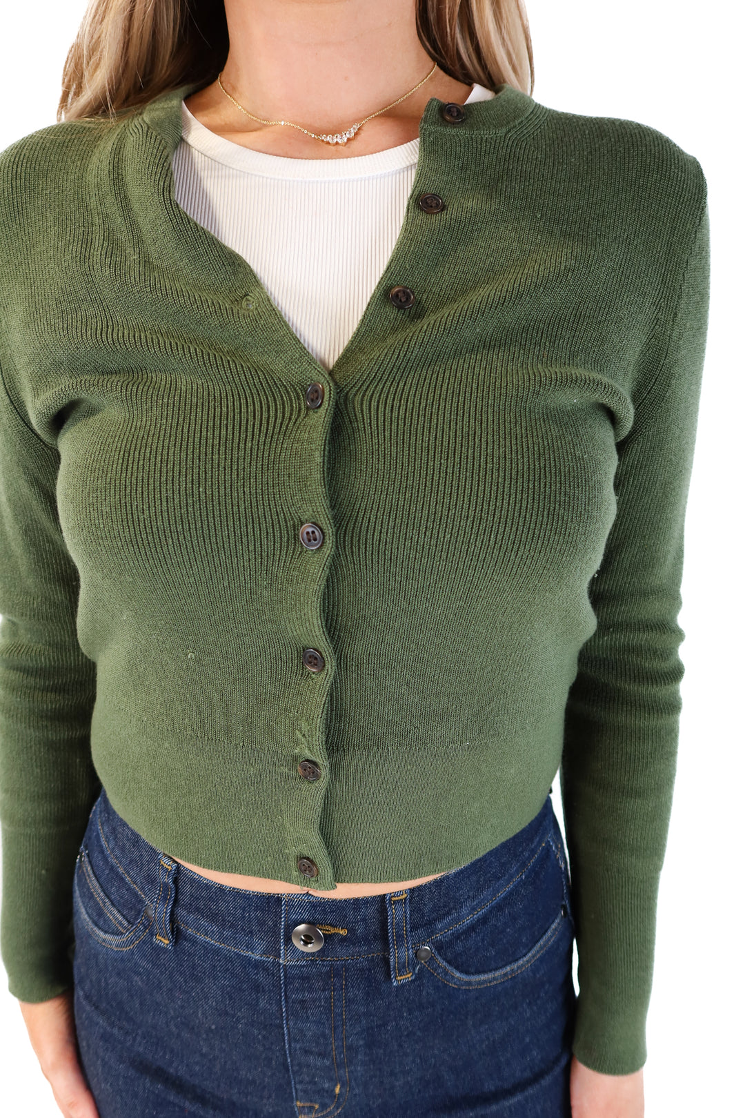 J.Crew dark green cardigan (s; retail $108)