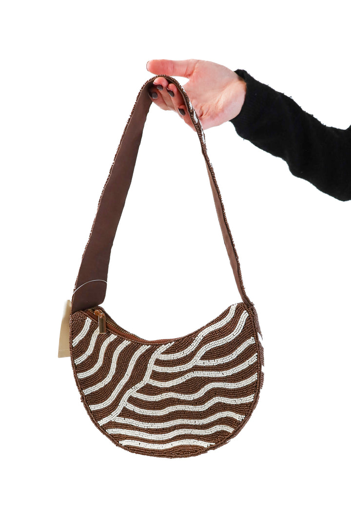 Anthropologie brown/white beaded bag NWT