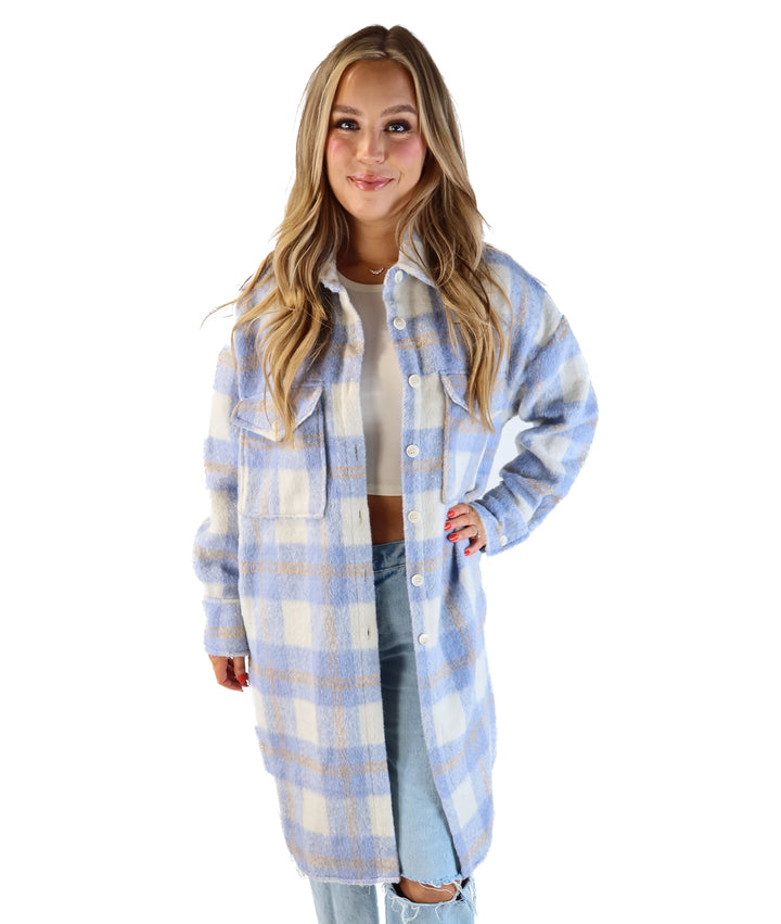 Vici blue flannel long shacket NWT (s/m; retails for $94)