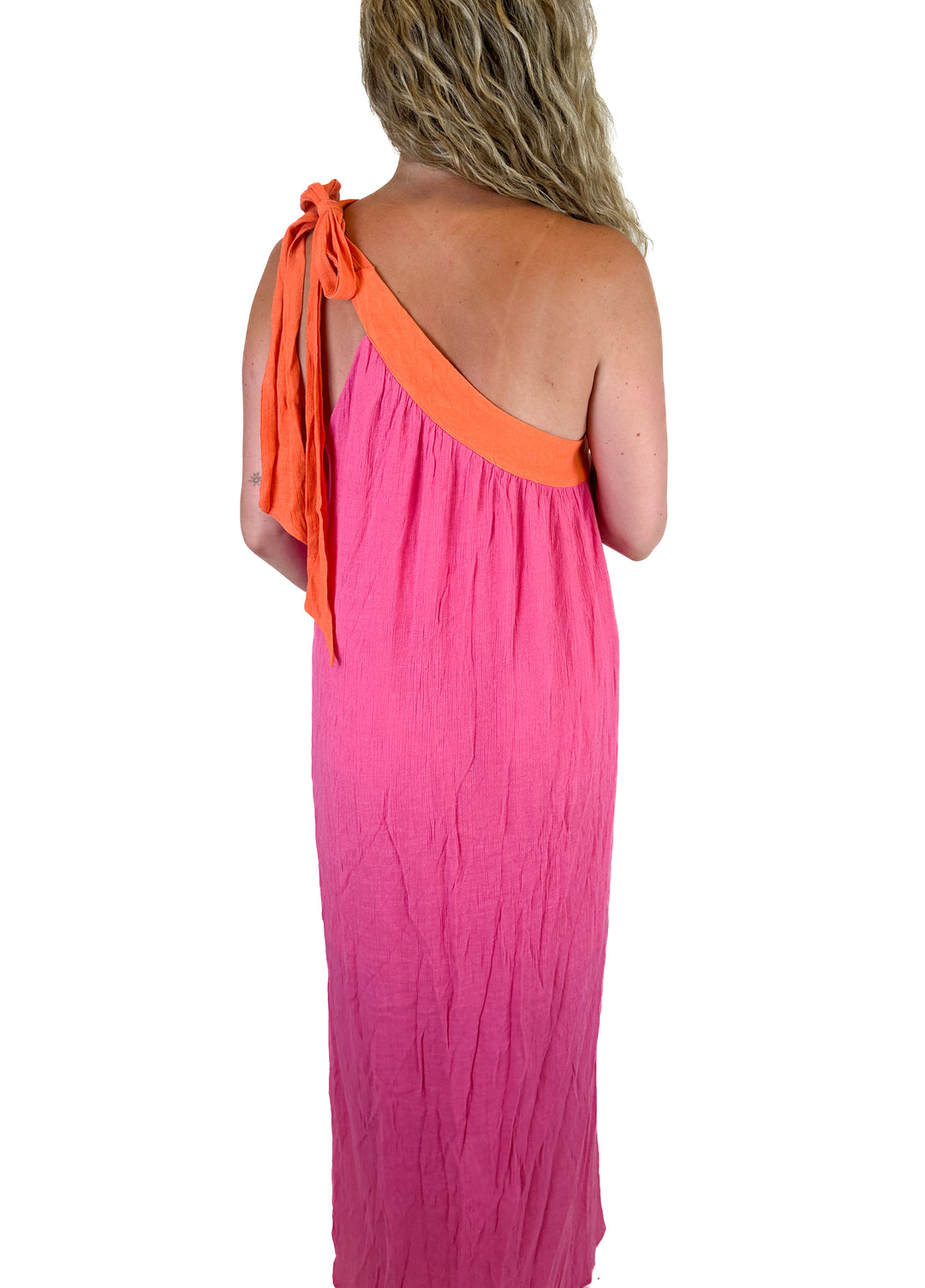 Aakaa Hot Pink & Orange One-Shouldered Maxi Dress (M)