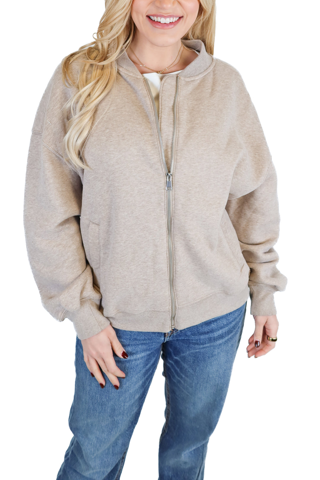 abercrombie taupe soft bomber jacket (s; retail $70)
