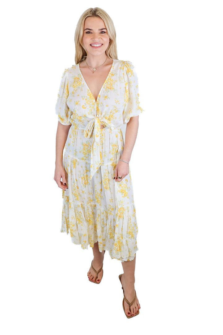 Kivari white w/ yellow flowers midi dress (4; retail $299)