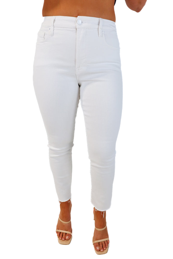 Good American white straight leg jeans (8; retail $131)