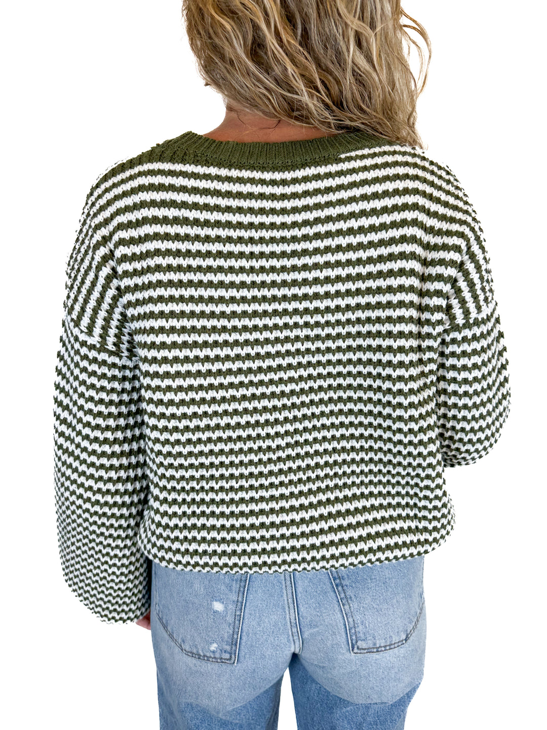Petal + Pup Olive Crewneck Waffle Stitch Stripe Knit Sweater (S)