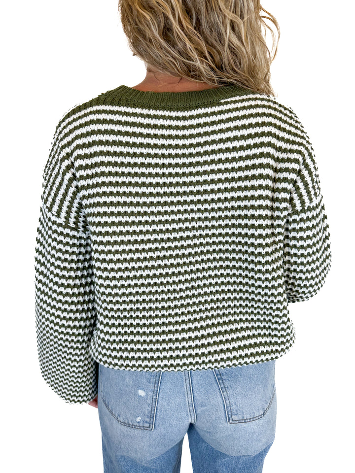 Petal + Pup Olive Crewneck Waffle Stitch Stripe Knit Sweater (S)