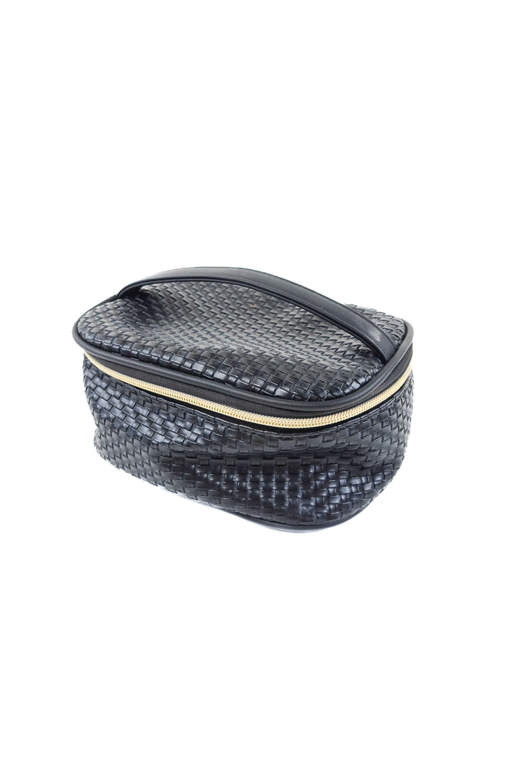 Black faux woven leather train case & pouch set