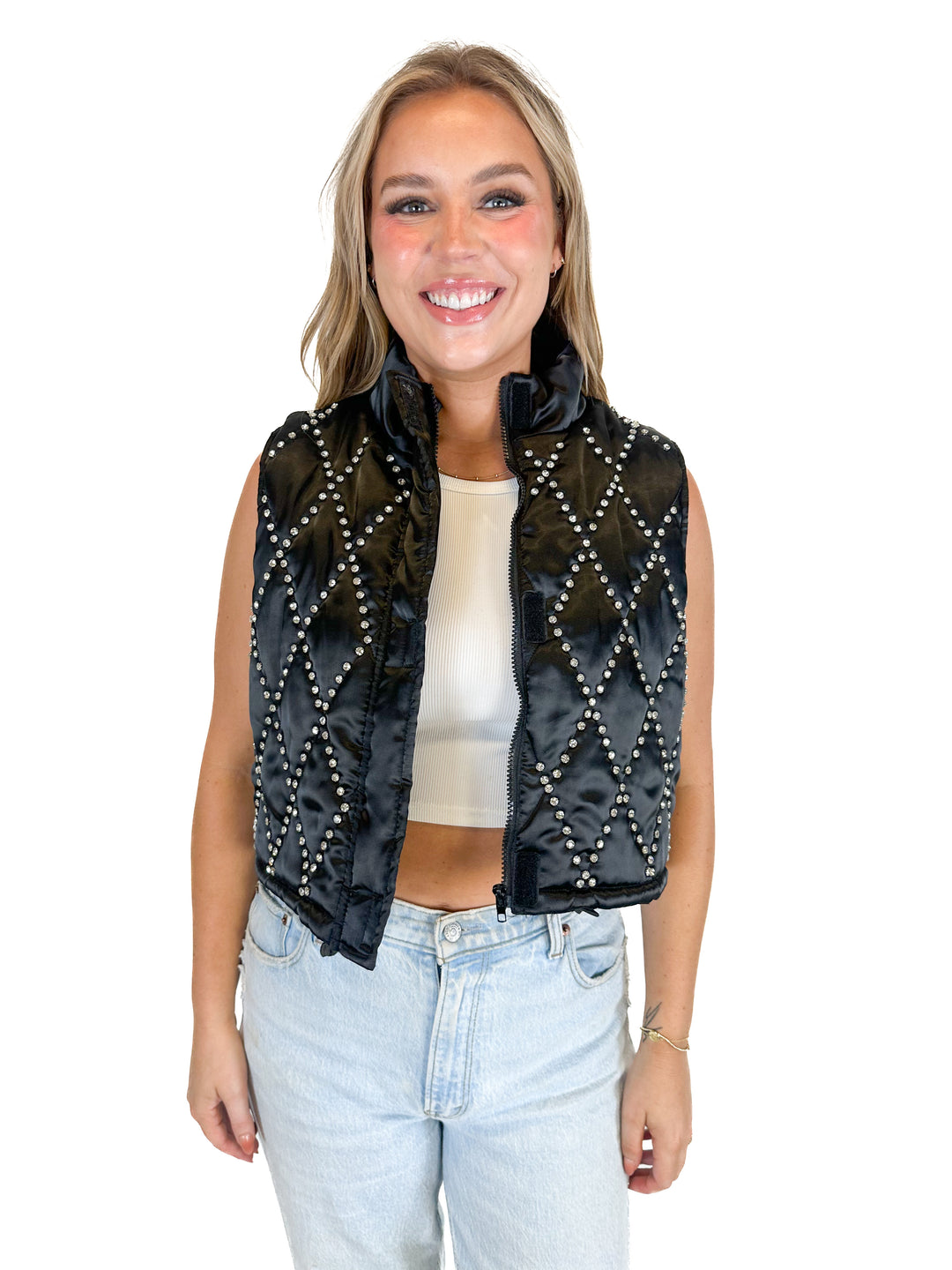 Blue B Collection Glamour Satin Rhinestone Puffer Vest (L)