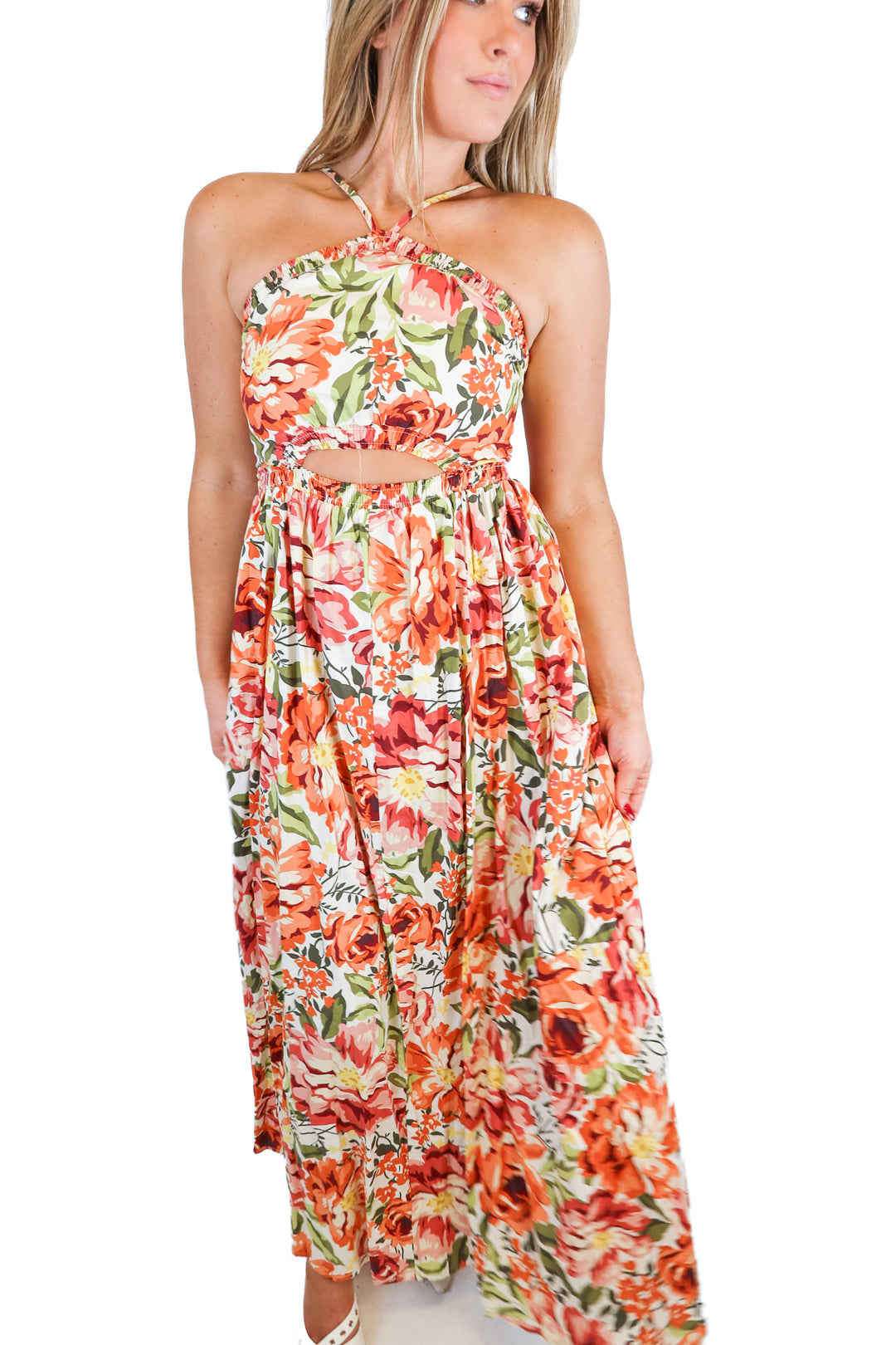 seven wonders orange floral halter maxi dress NWT (4)
