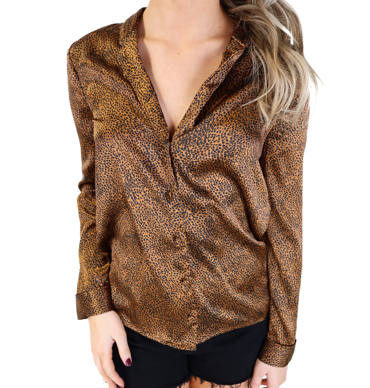 SLAY Amuse society satin bronze leopard button up (xs; retail $65)