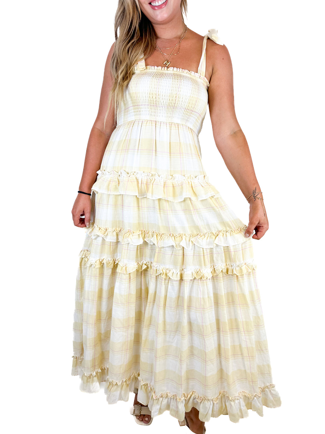 Storia Sunny Days Tiered Plaid Ruffle Smocked Maxi Dress (M)