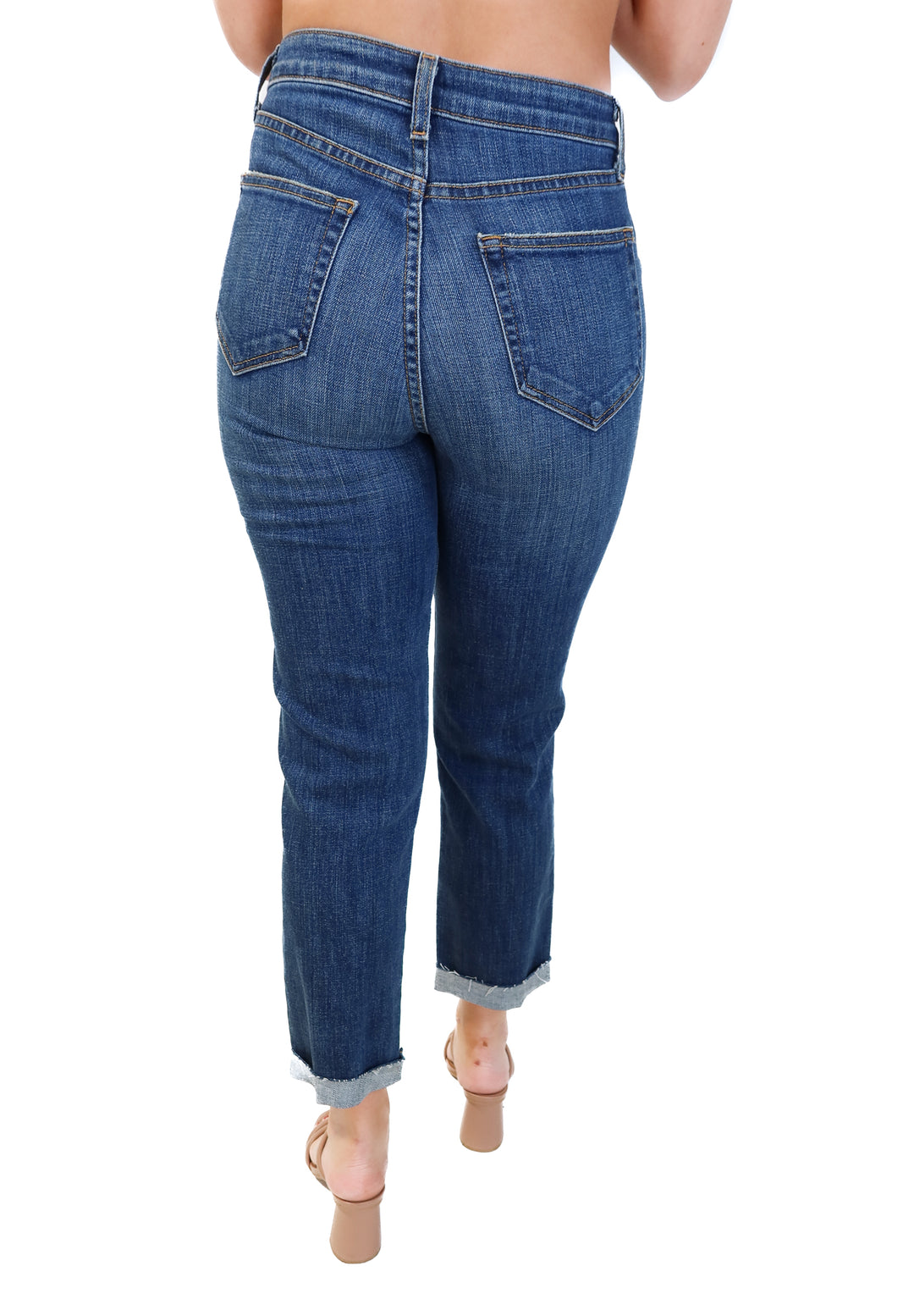 L’agence medium wash distressed jeans (26; retails for $285)