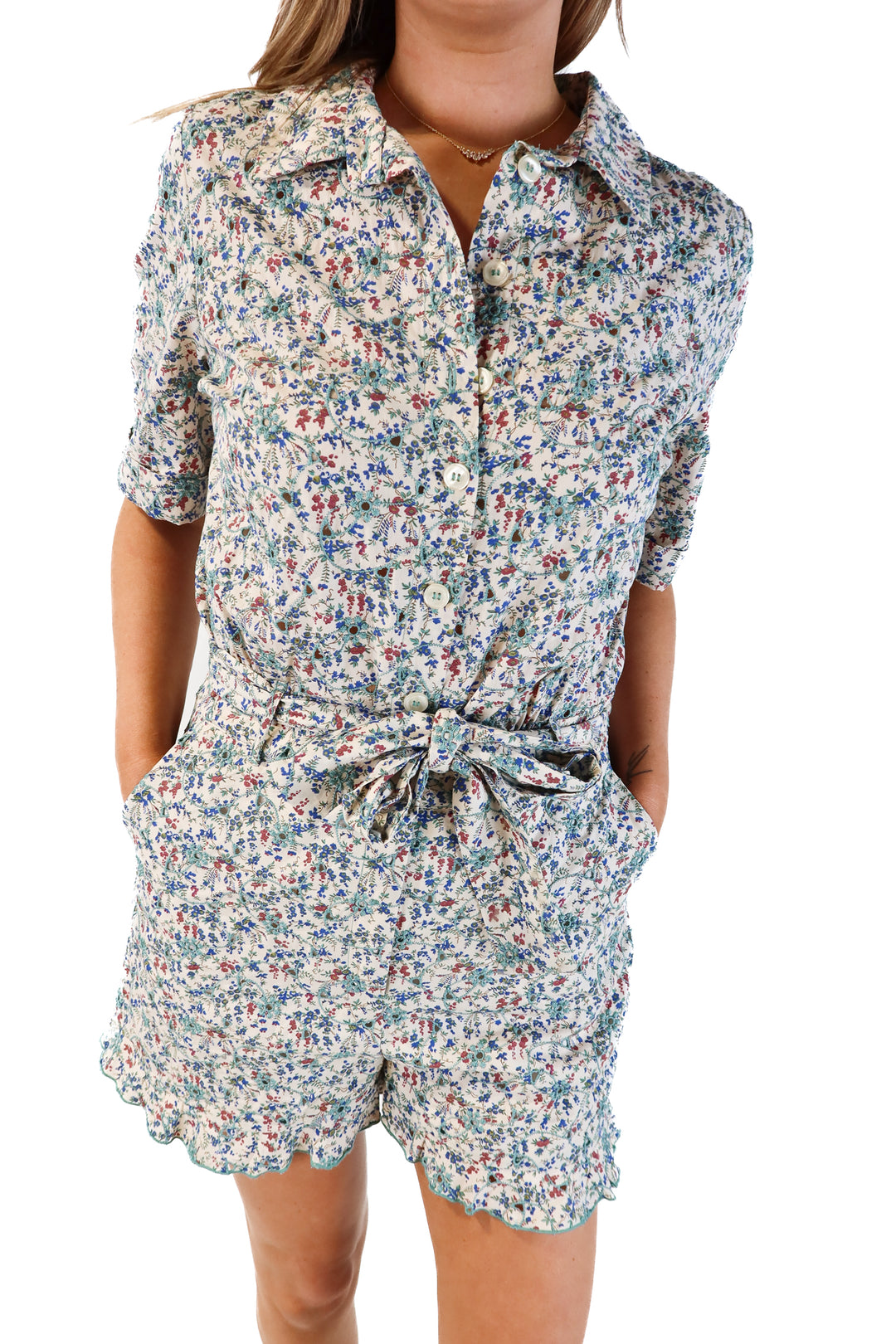 Sezane floral stitched romper (FR42/ US8; retail $345)