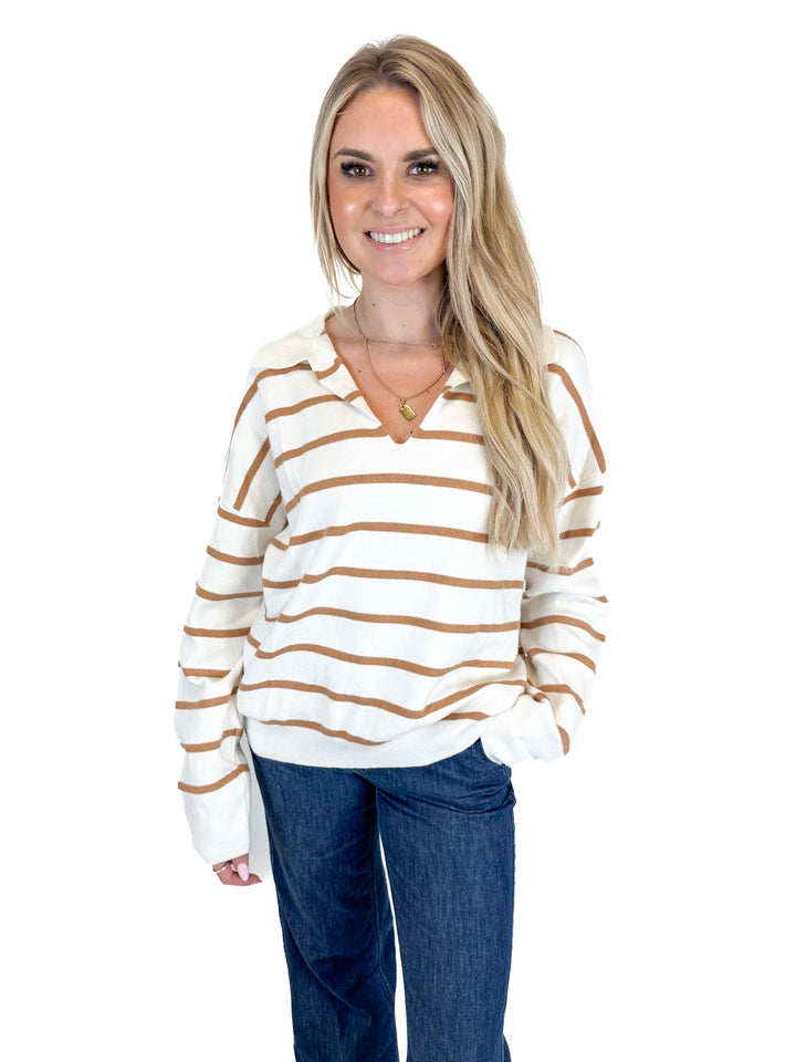 Fashion Polo Style White/Brown Striped Long Sleeve Sweater (L)
