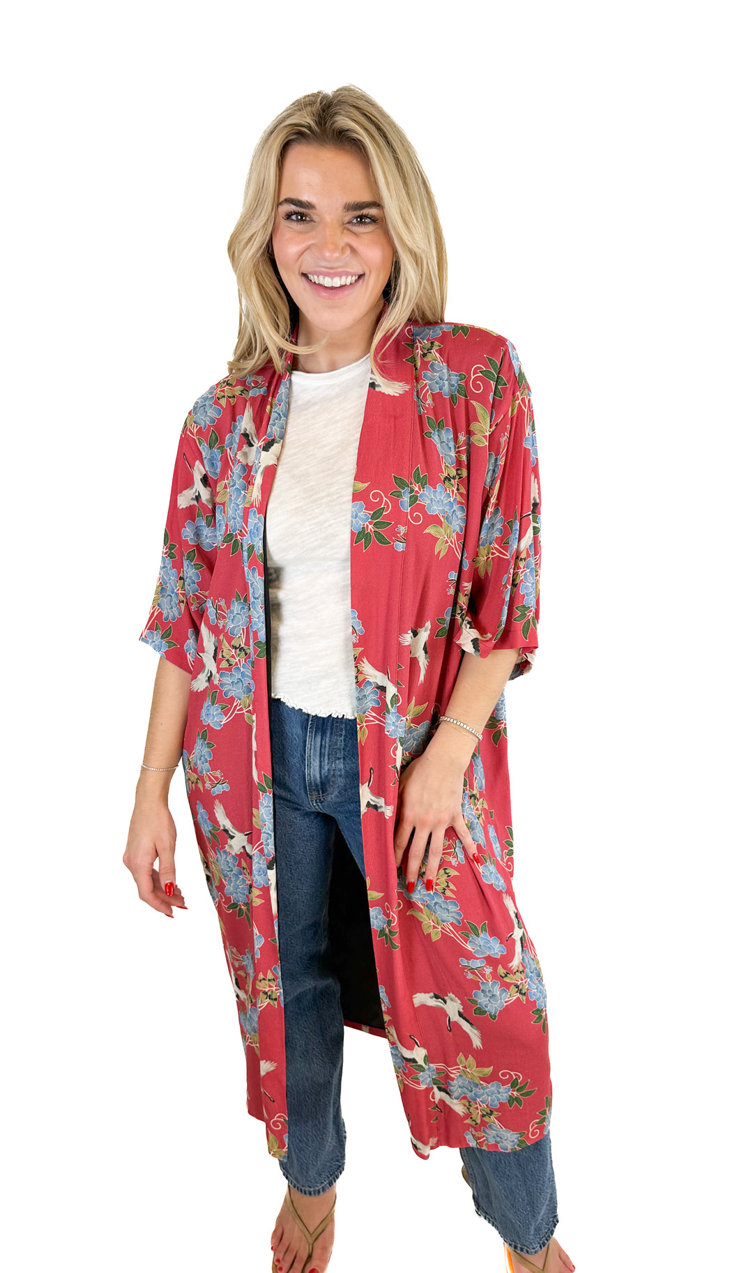 Sway And Cake Long Kumi Kimono Robe-Red Crane (S)