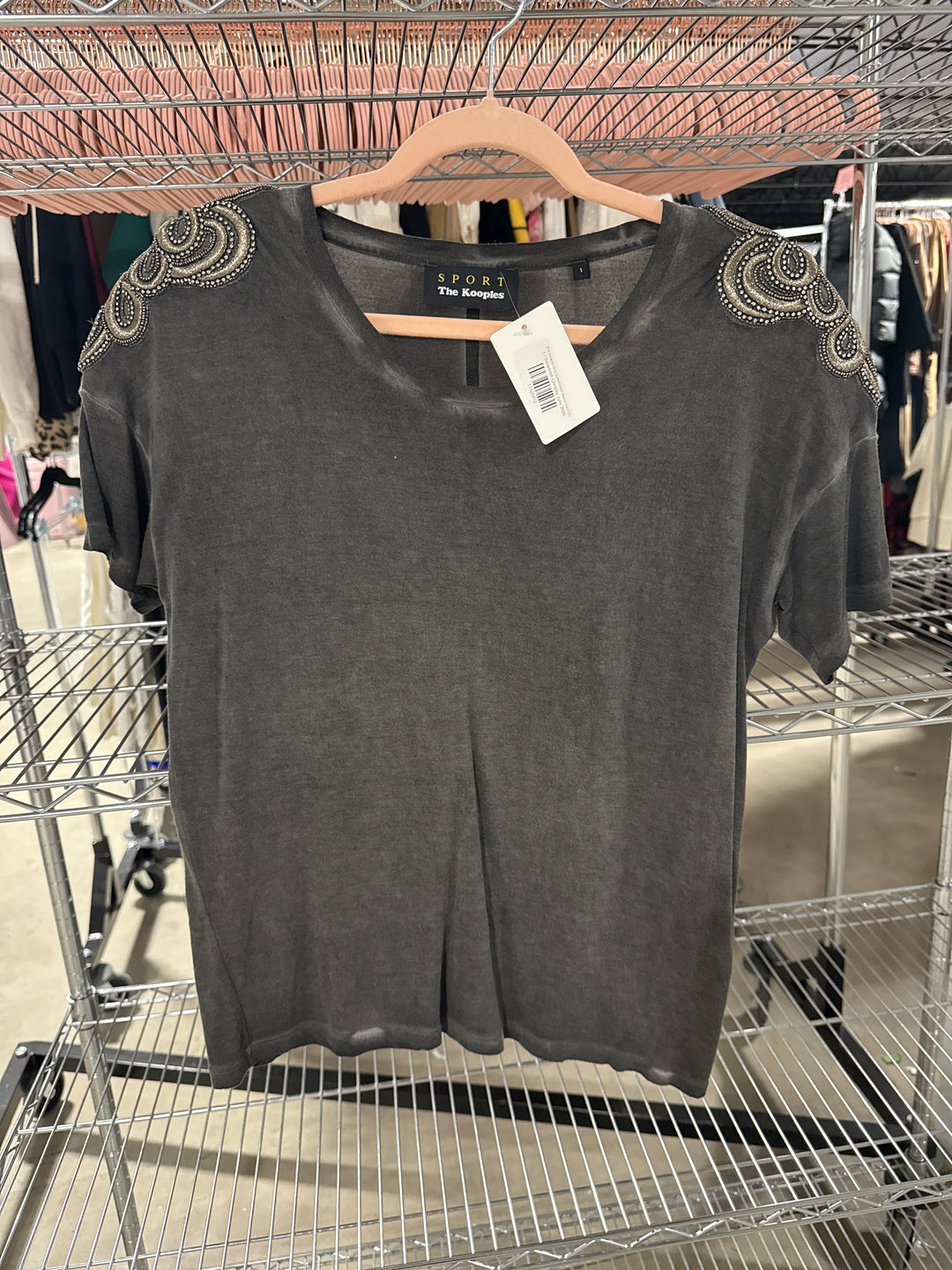 SOLD: The Kooples Grey Embellished Sleeve Tee (1/S; retail $125)