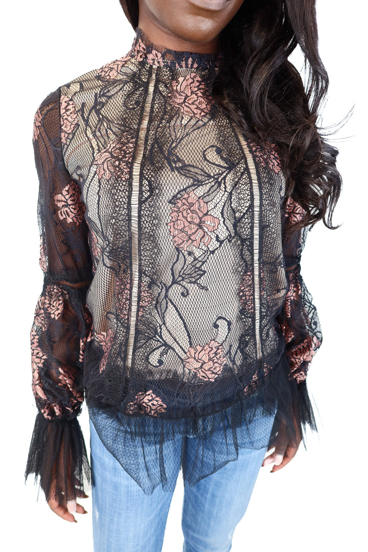 Alexie Black/Pink Lace Ruffle Top NWT (S: Retail $465)
