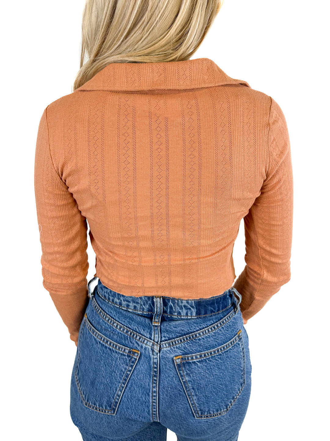 Free People Pointelle Long Sleeve Button Down Collared Top (S)