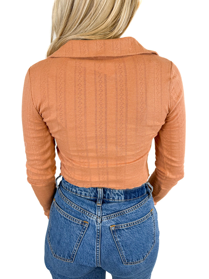 Free People Pointelle Long Sleeve Button Down Collared Top (S)