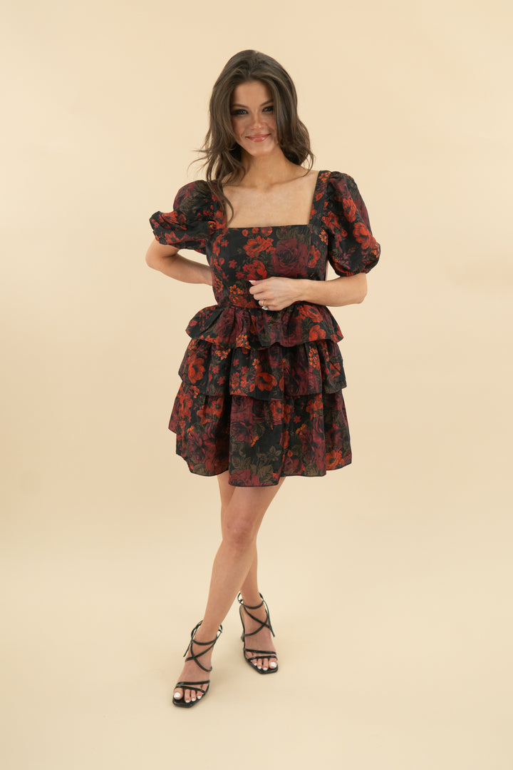 buddy love dark floral puff sleeve ruffle mini dress nwt (s; retail $158)