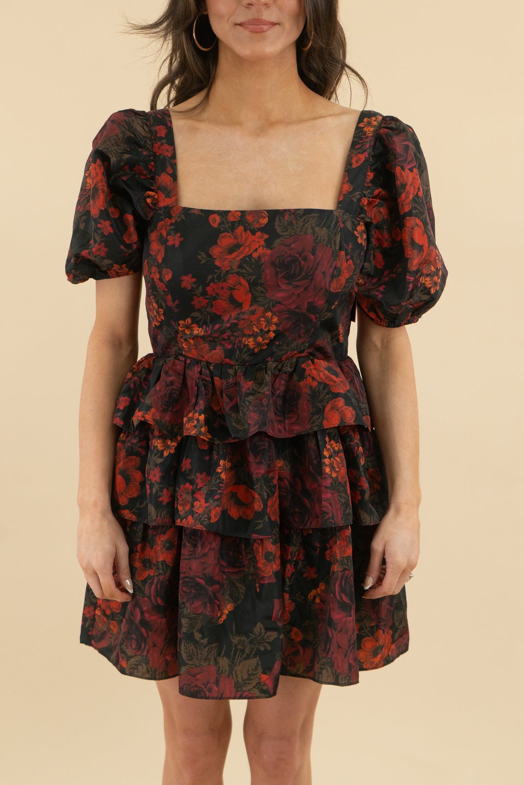 buddy love dark floral puff sleeve ruffle mini dress nwt (s; retail $158)