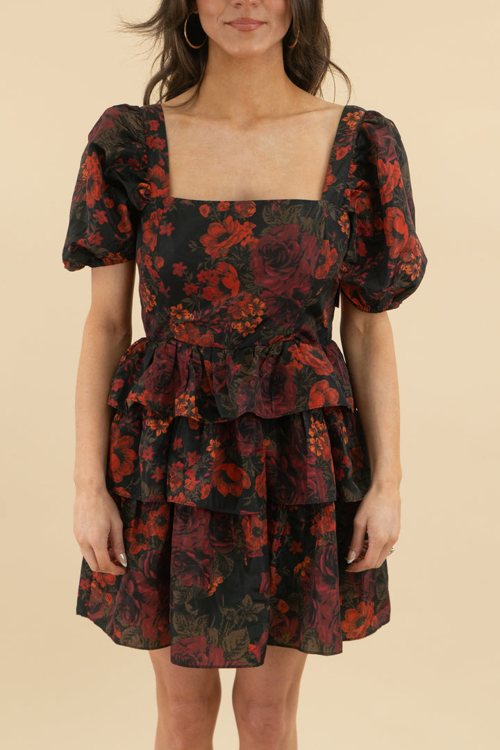 buddy love dark floral puff sleeve ruffle mini dress nwt (s; retail $158)
