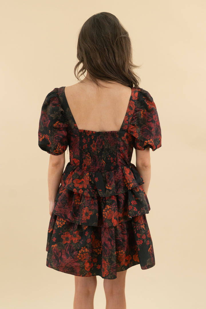 buddy love dark floral puff sleeve ruffle mini dress nwt (s; retail $158)