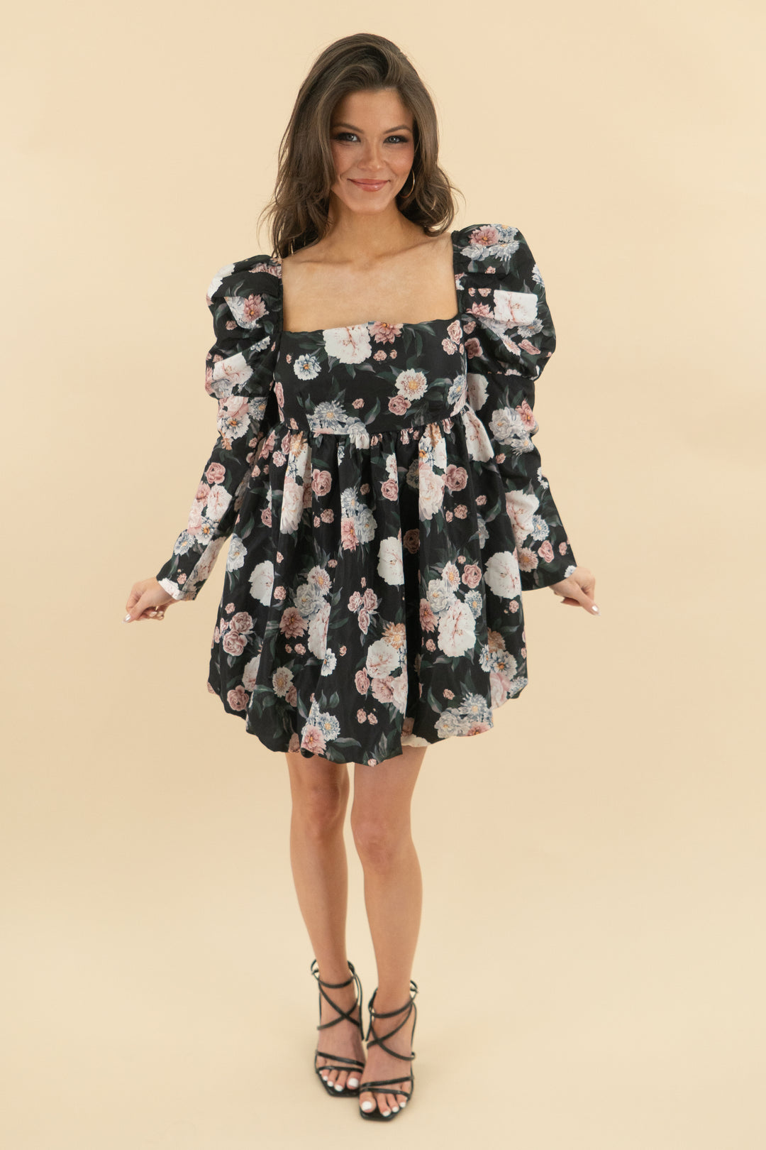 buddy love black pink roses puff long sleeve mini dress nwt (s; retail $132)