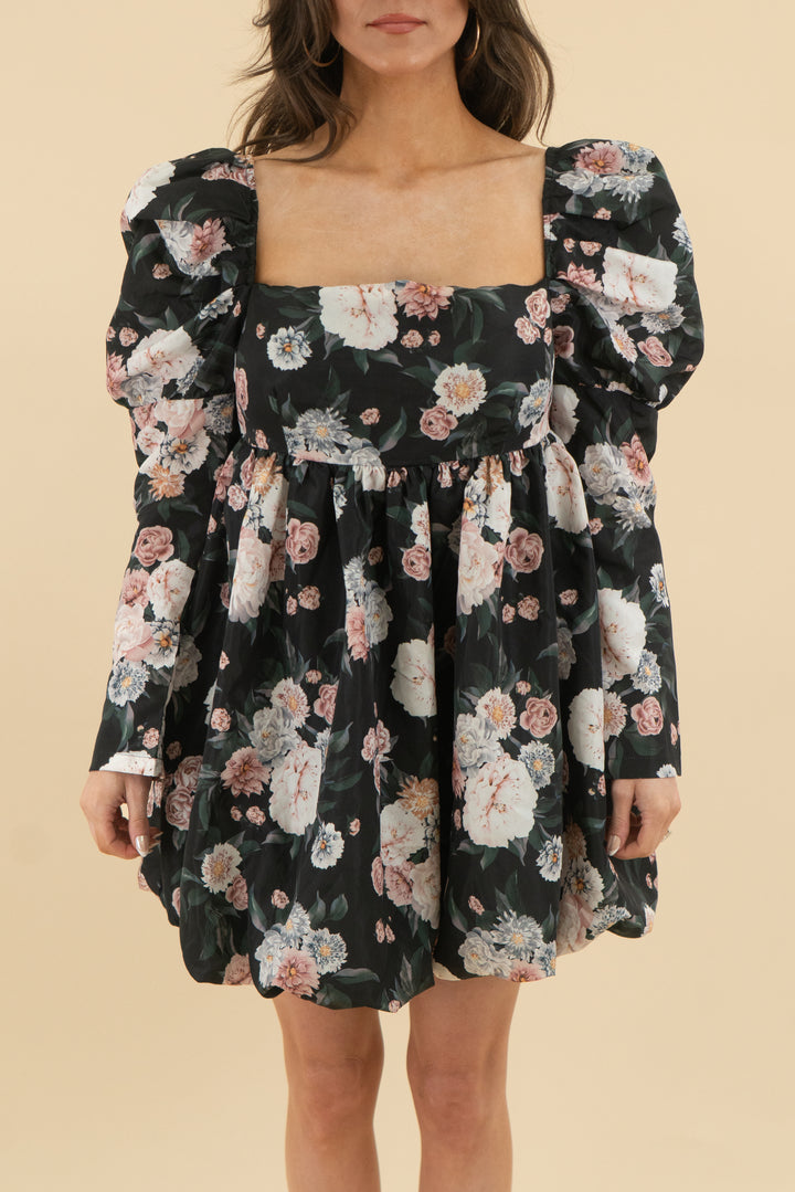 buddy love black pink roses puff long sleeve mini dress nwt (s; retail $132)