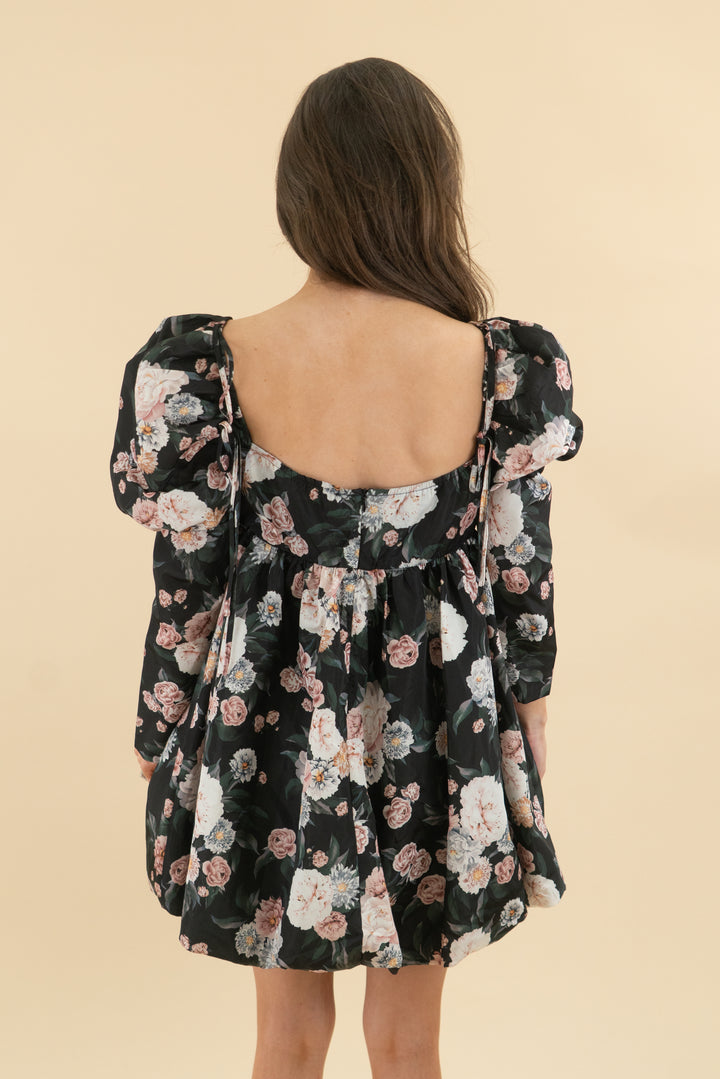 buddy love black pink roses puff long sleeve mini dress nwt (s; retail $132)