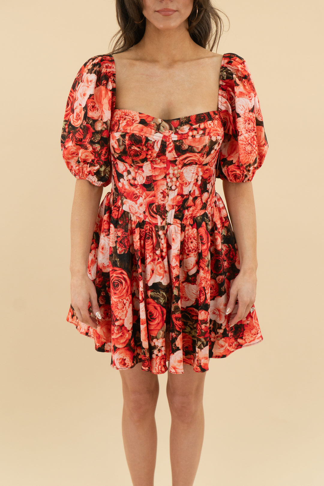 buddy love red roses corset puff sleeve mini dress nwt (s; retail $82)