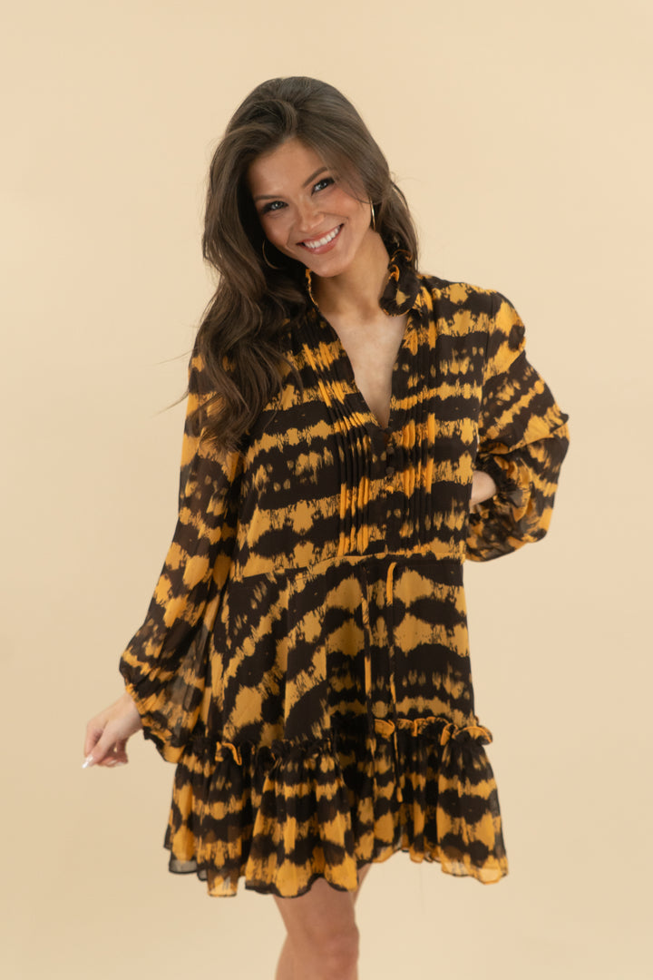 buddy love brown/yellow patterned long sleeve flowy mini dress (s; retail $168)