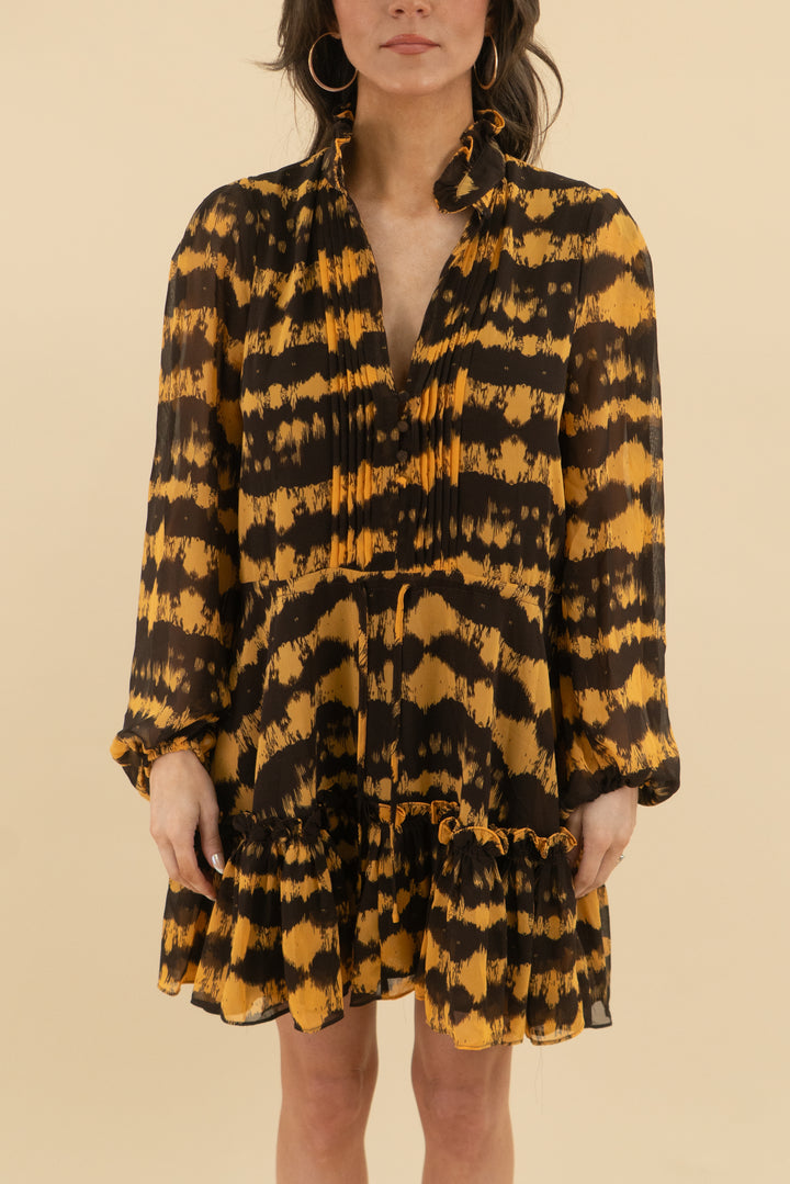 buddy love brown/yellow patterned long sleeve flowy mini dress (s; retail $168)