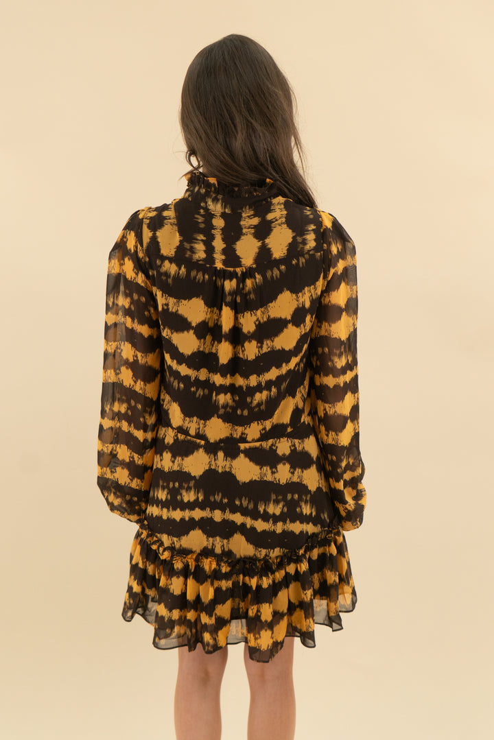 buddy love brown/yellow patterned long sleeve flowy mini dress (s; retail $168)