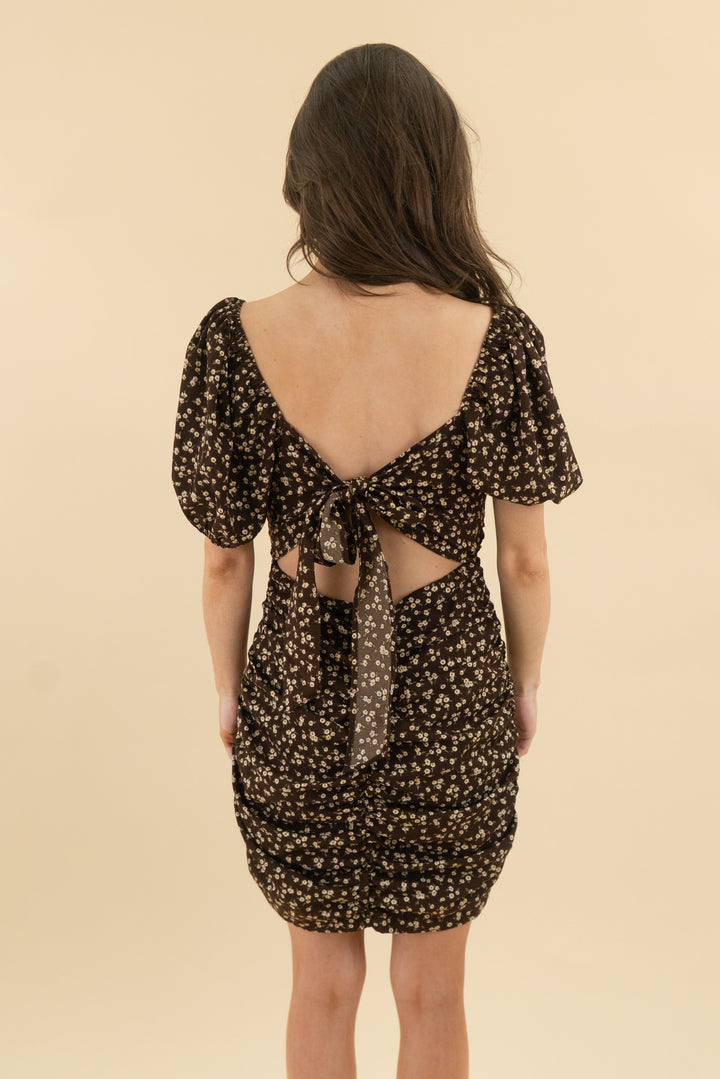 dress forum brown floral ruched mini dress (m; retail $68)
