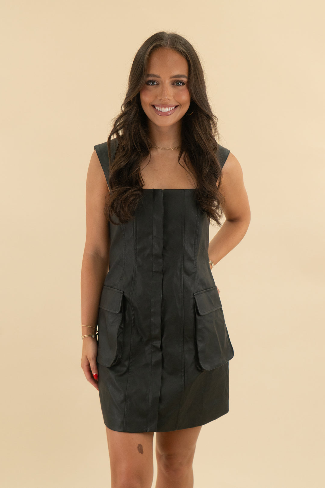 dee elly black leather sleeveless zip mini dress (s; retail $82)