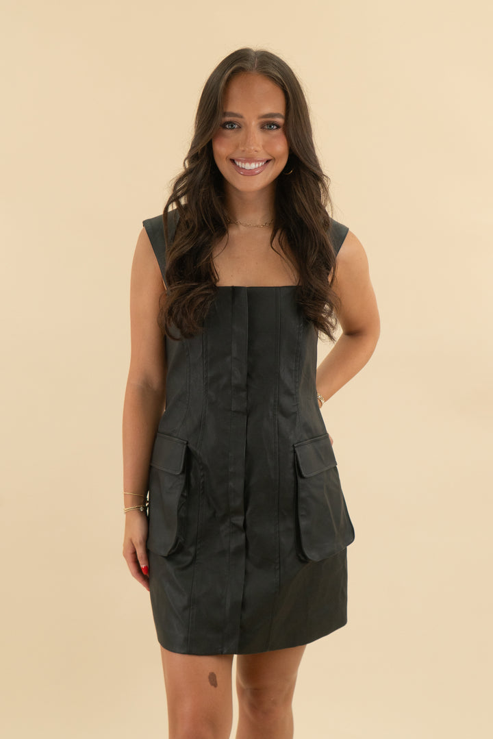 dee elly black leather sleeveless zip mini dress (s; retail $82)