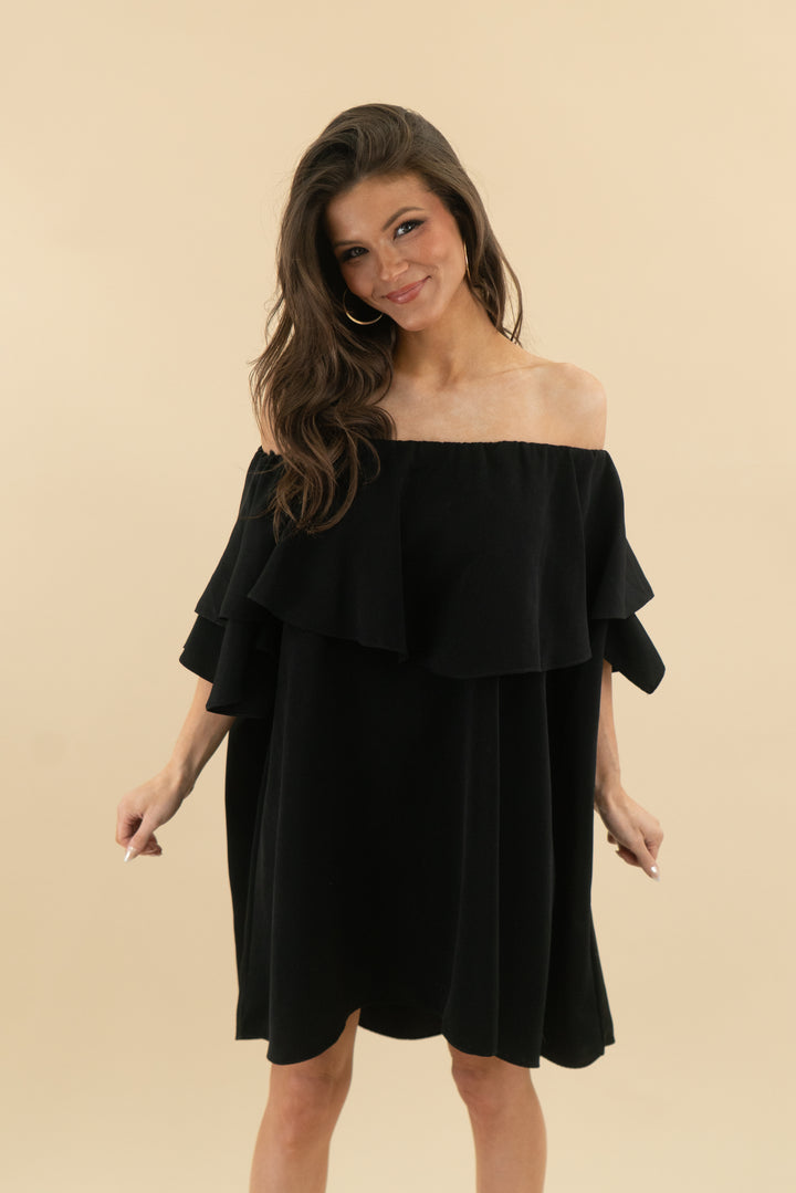 mlm black ruffle top mini dress (m; retail $165)