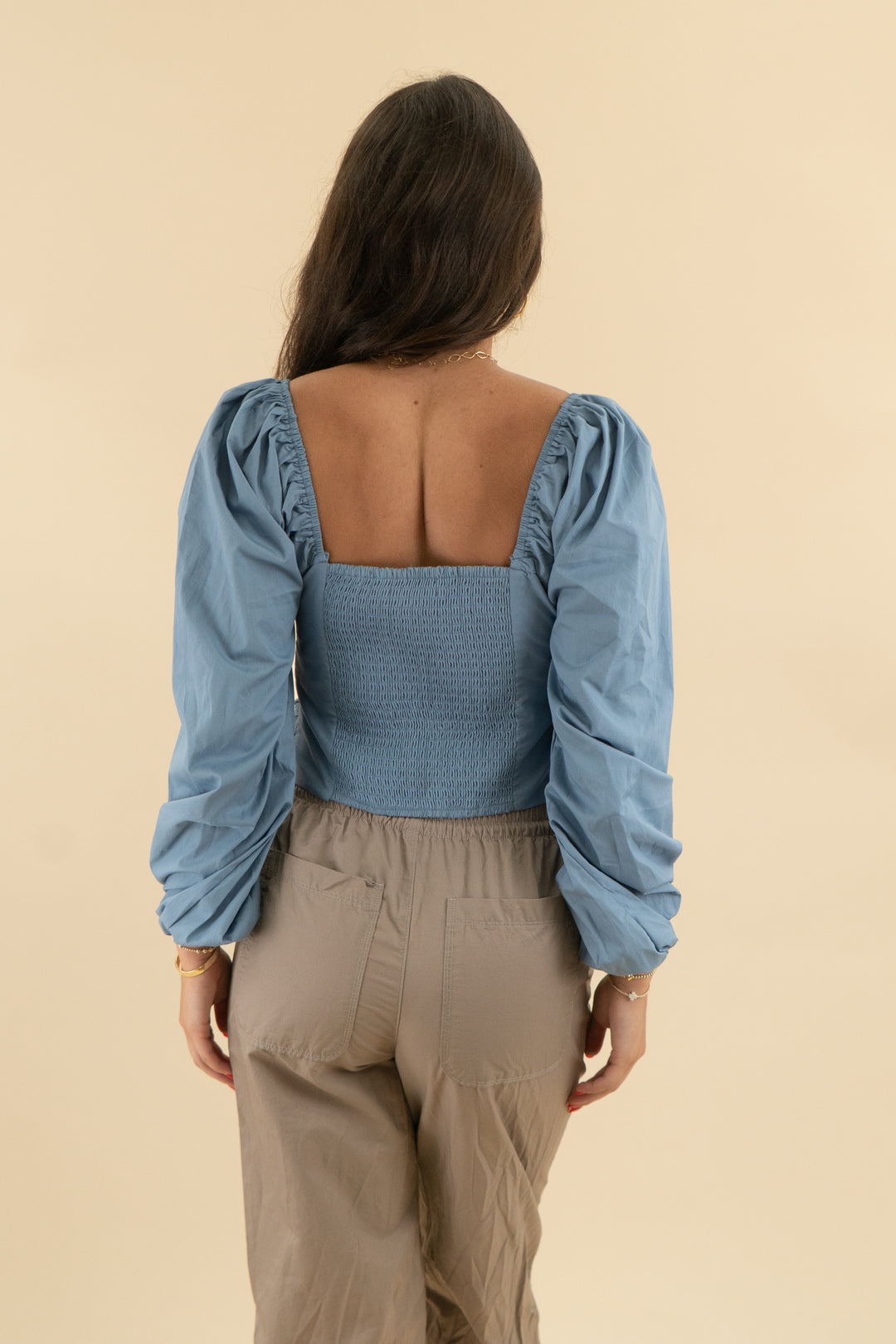 abercrombie & fitch slate blue puff long sleeve crop top nwt (s; retail $60)