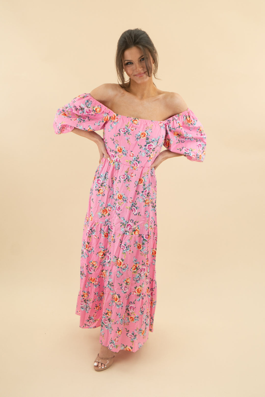 buddy love hot pink floral puff sleeve midi dress (s; retail $164)