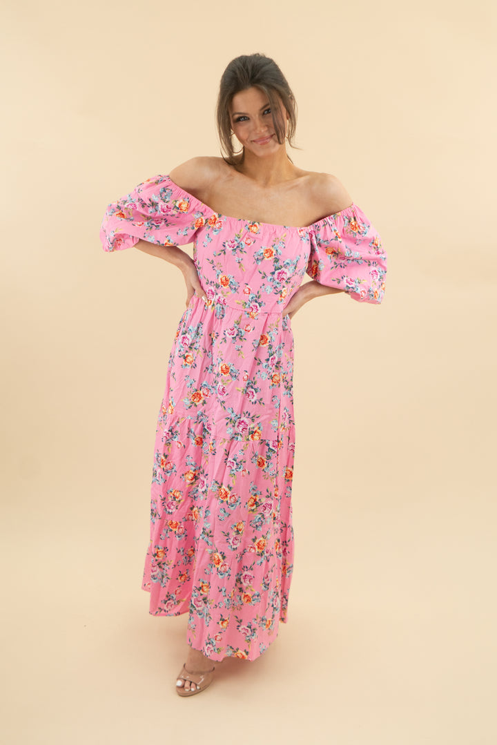 buddy love hot pink floral puff sleeve midi dress (s; retail $164)