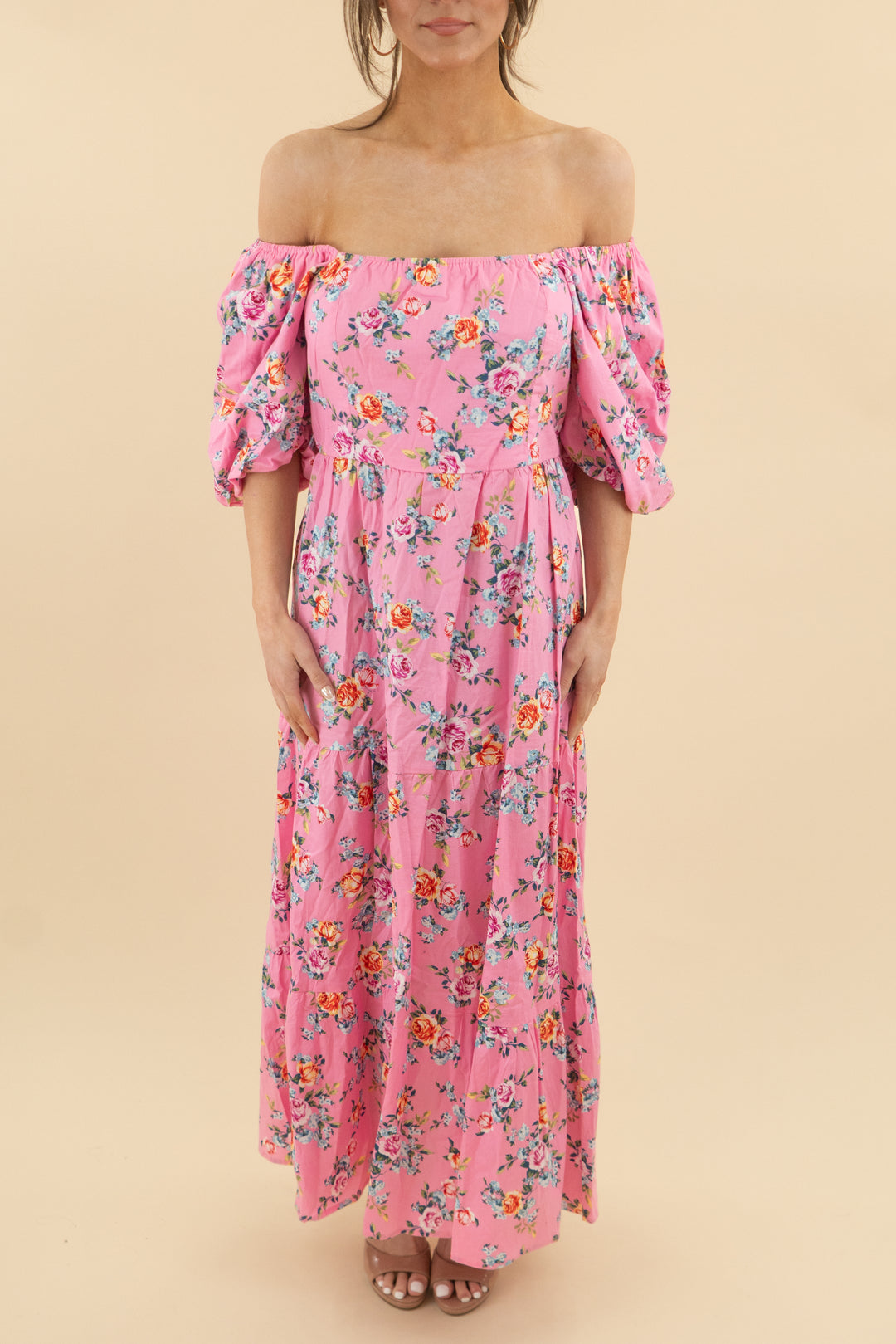 buddy love hot pink floral puff sleeve midi dress (s; retail $164)